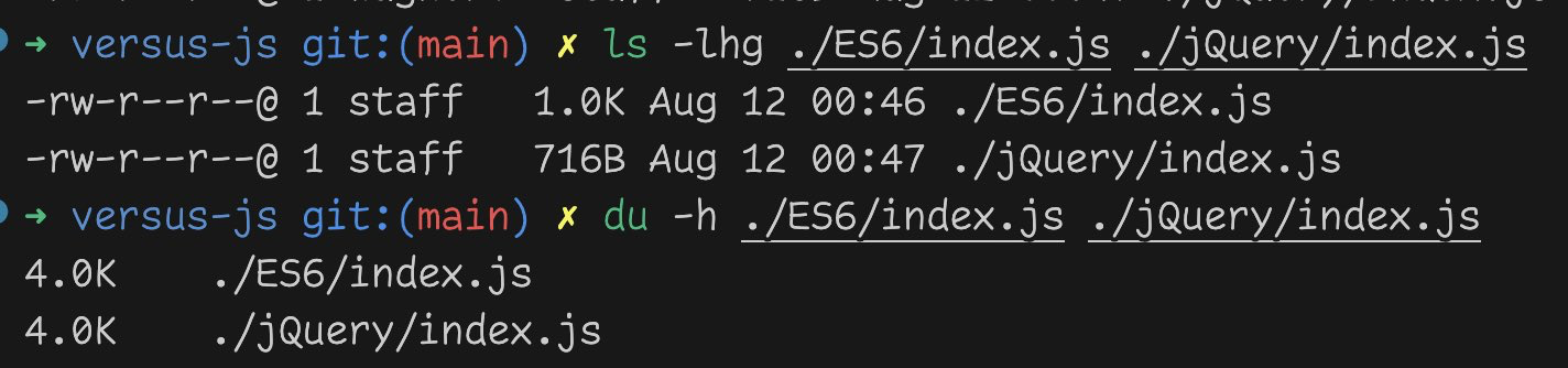 jQuery 716 bytes; ES6 1.0 kilobyte